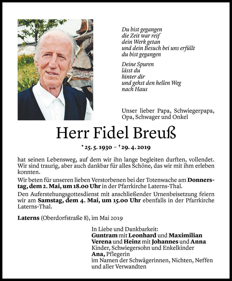  Todesanzeige für Fidel Breuß vom 01.05.2019 aus Vorarlberger Nachrichten