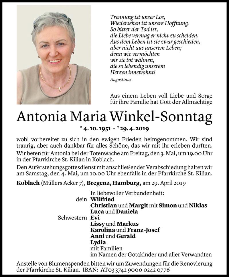  Todesanzeige für Antonia Maria Winkel-Sonntag vom 01.05.2019 aus Vorarlberger Nachrichten