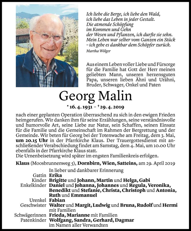  Todesanzeige für Georg Malin vom 03.05.2019 aus Vorarlberger Nachrichten