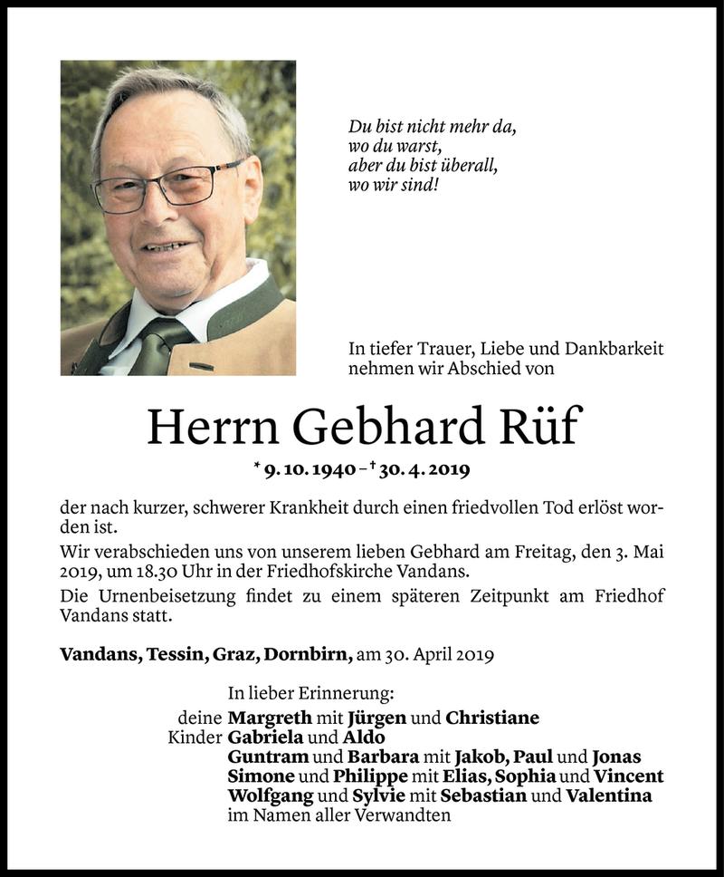  Todesanzeige für Gebhard Rüf vom 02.05.2019 aus Vorarlberger Nachrichten