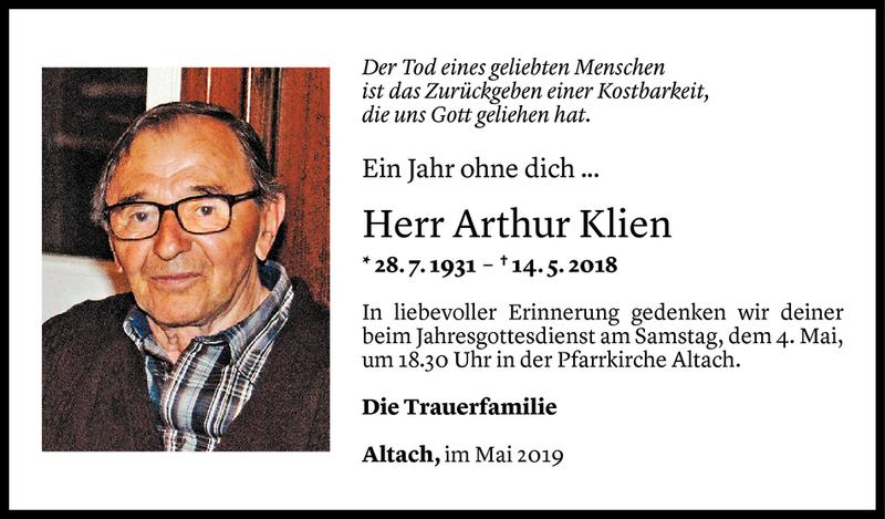  Todesanzeige für Arthur Klien vom 03.05.2019 aus Vorarlberger Nachrichten