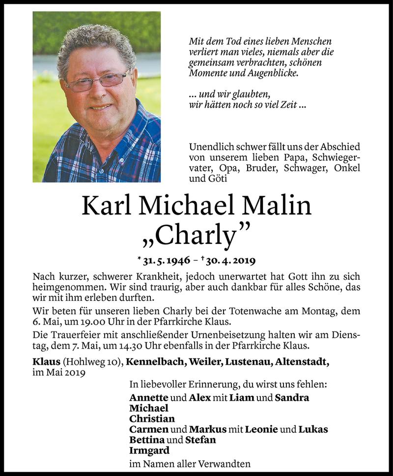  Todesanzeige für Karl Michael Malin vom 04.05.2019 aus Vorarlberger Nachrichten