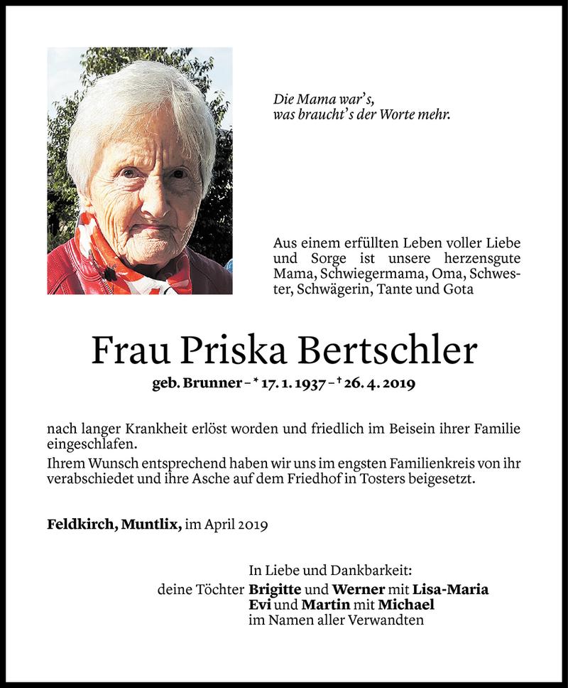 Todesanzeige für Priska Bertschler vom 06.05.2019 aus Vorarlberger Nachrichten