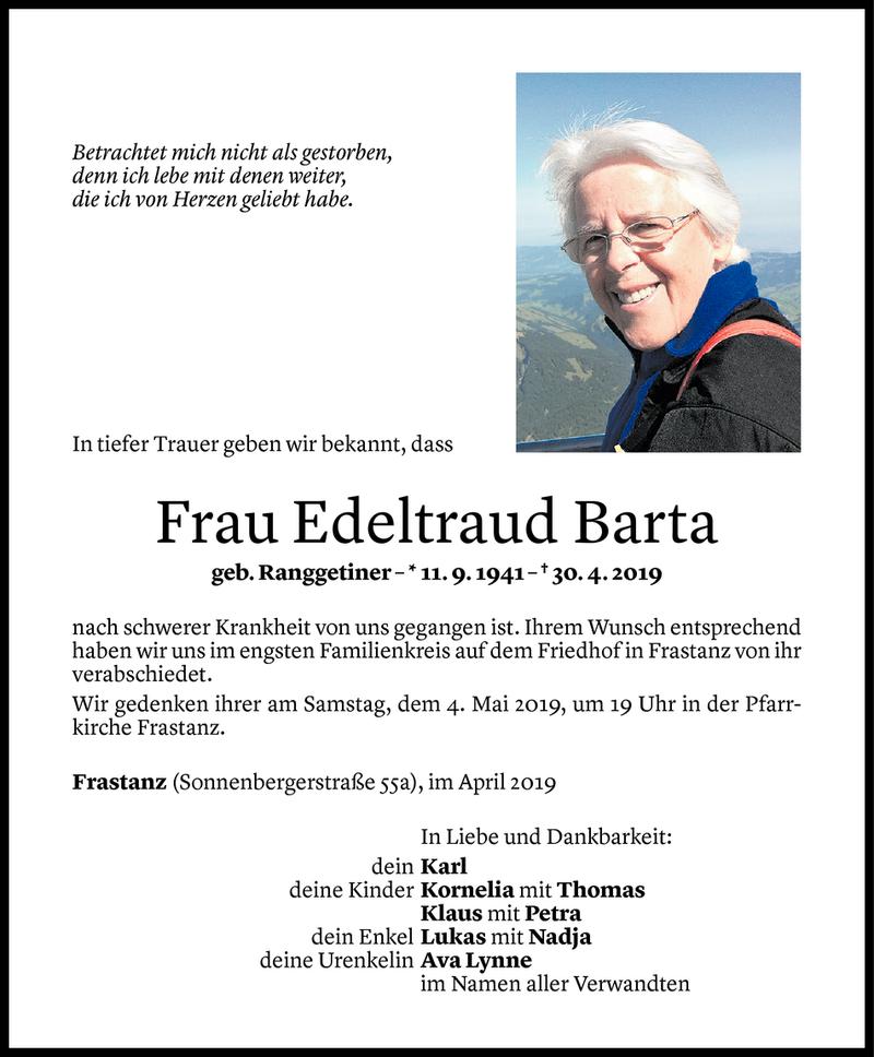  Todesanzeige für Edeltraud Barta vom 03.05.2019 aus Vorarlberger Nachrichten