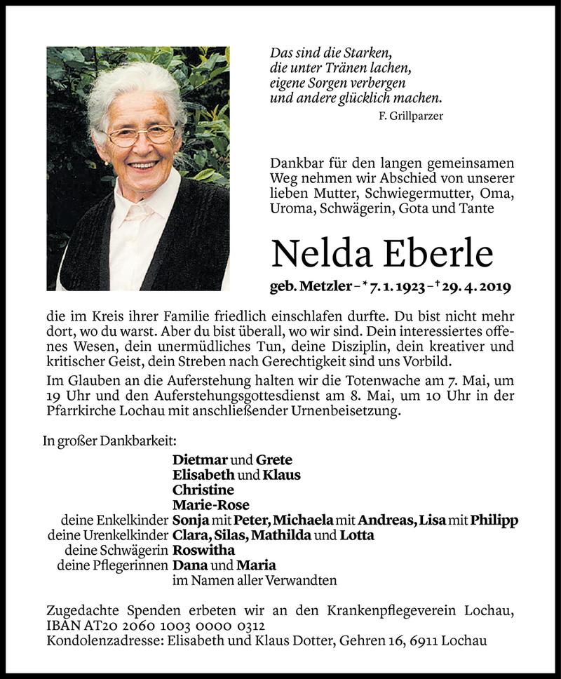  Todesanzeige für Nelda Eberle vom 03.05.2019 aus Vorarlberger Nachrichten