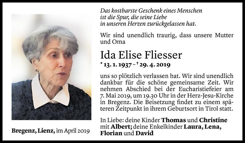  Todesanzeige für Ida Elise Fliesser vom 03.05.2019 aus Vorarlberger Nachrichten