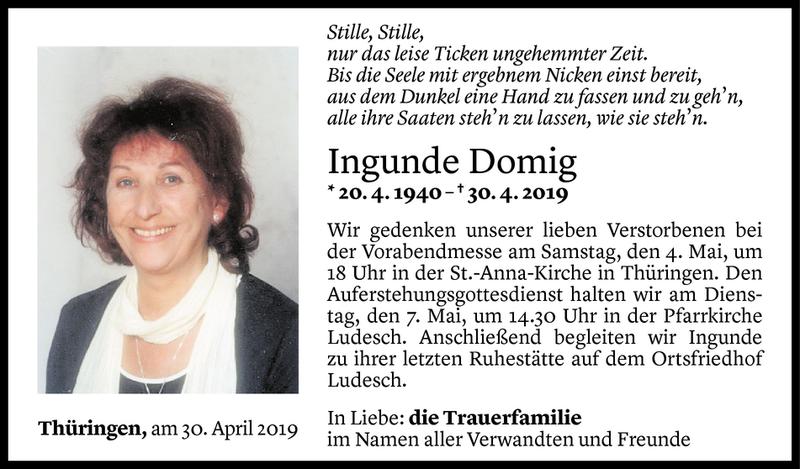  Todesanzeige für Ingunde Domig vom 03.05.2019 aus Vorarlberger Nachrichten