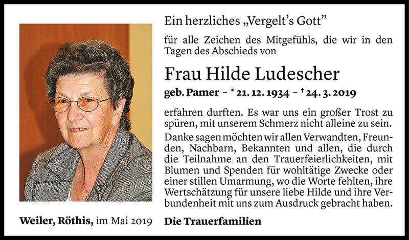  Todesanzeige für Hilde Ludescher vom 04.05.2019 aus Vorarlberger Nachrichten