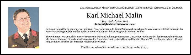  Todesanzeige für Karl Michael Malin vom 04.05.2019 aus Vorarlberger Nachrichten