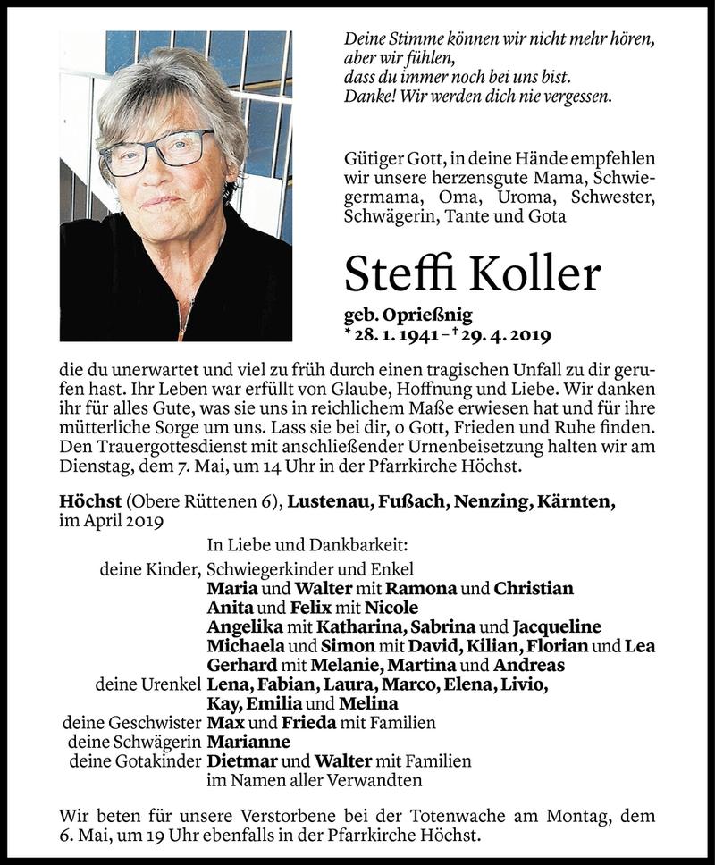  Todesanzeige für Steffi Koller vom 03.05.2019 aus Vorarlberger Nachrichten