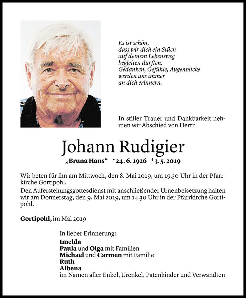  Todesanzeige für Johann Rudigier vom 05.05.2019 aus Vorarlberger Nachrichten