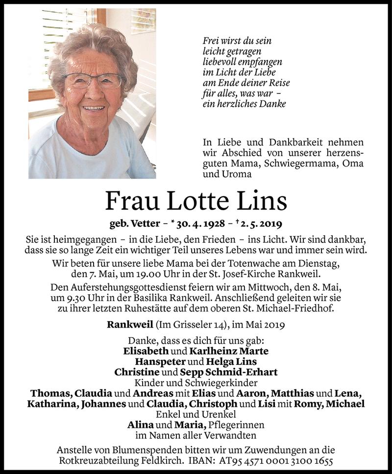 Todesanzeige für Lotte Lins vom 06.05.2019 aus Vorarlberger Nachrichten