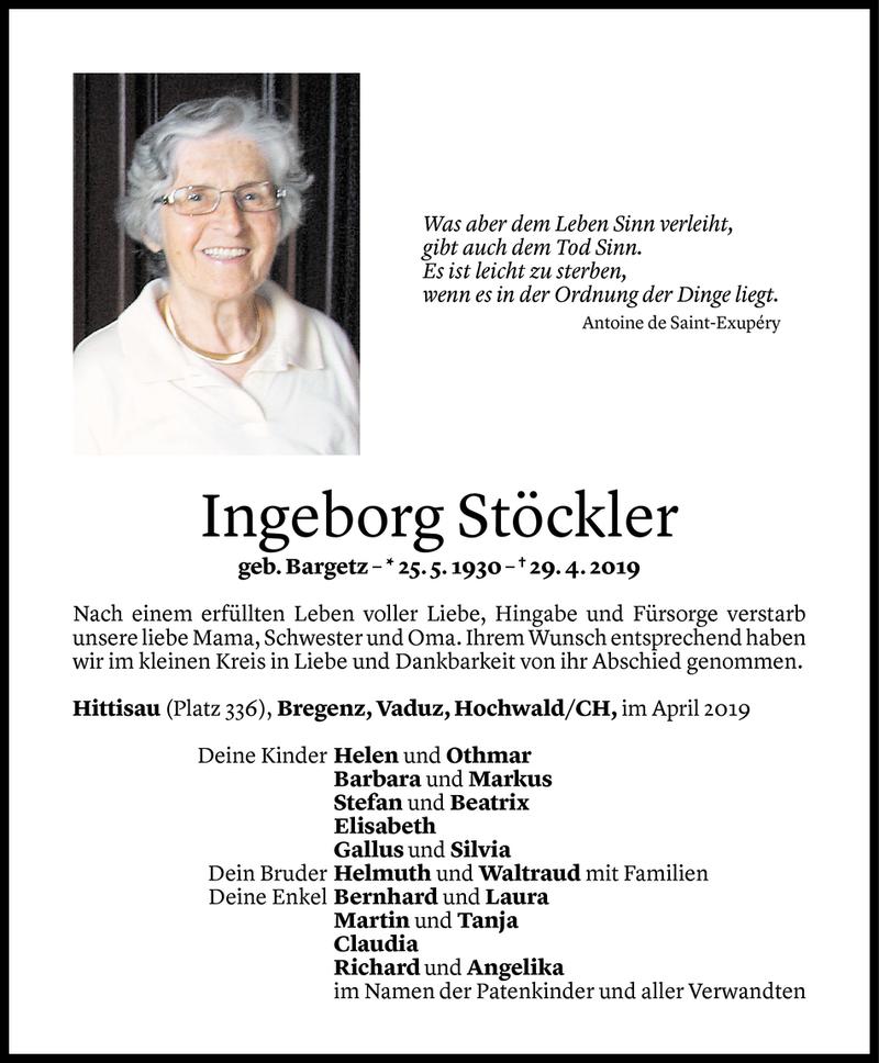 Todesanzeige für Ingeborg Stöckler vom 07.05.2019 aus Vorarlberger Nachrichten