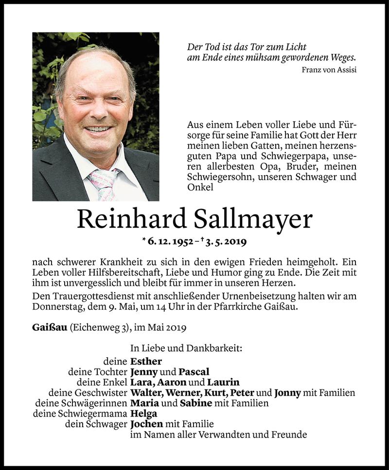  Todesanzeige für Reinhard Sallmayer vom 06.05.2019 aus Vorarlberger Nachrichten