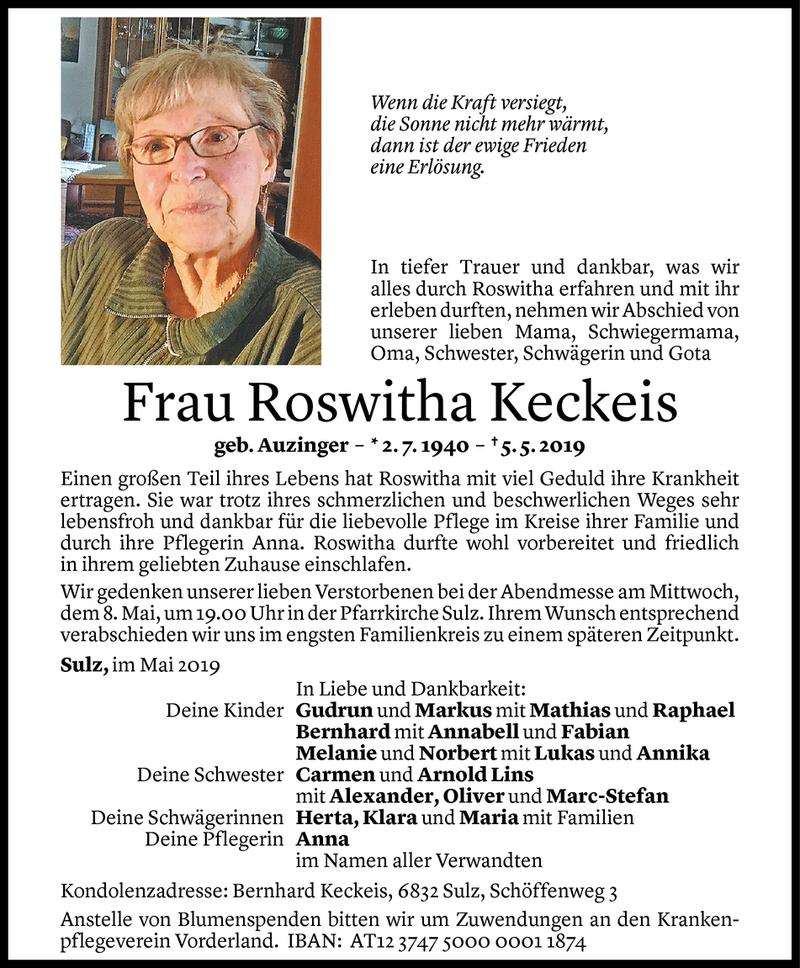  Todesanzeige für Roswitha Keckeis vom 07.05.2019 aus Vorarlberger Nachrichten