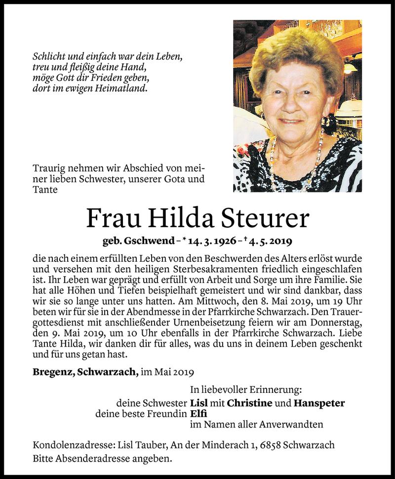 Todesanzeige für Hilda Steurer vom 06.05.2019 aus Vorarlberger Nachrichten