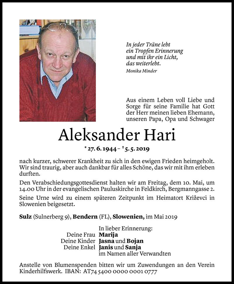  Todesanzeige für Aleksander Hari vom 08.05.2019 aus Vorarlberger Nachrichten