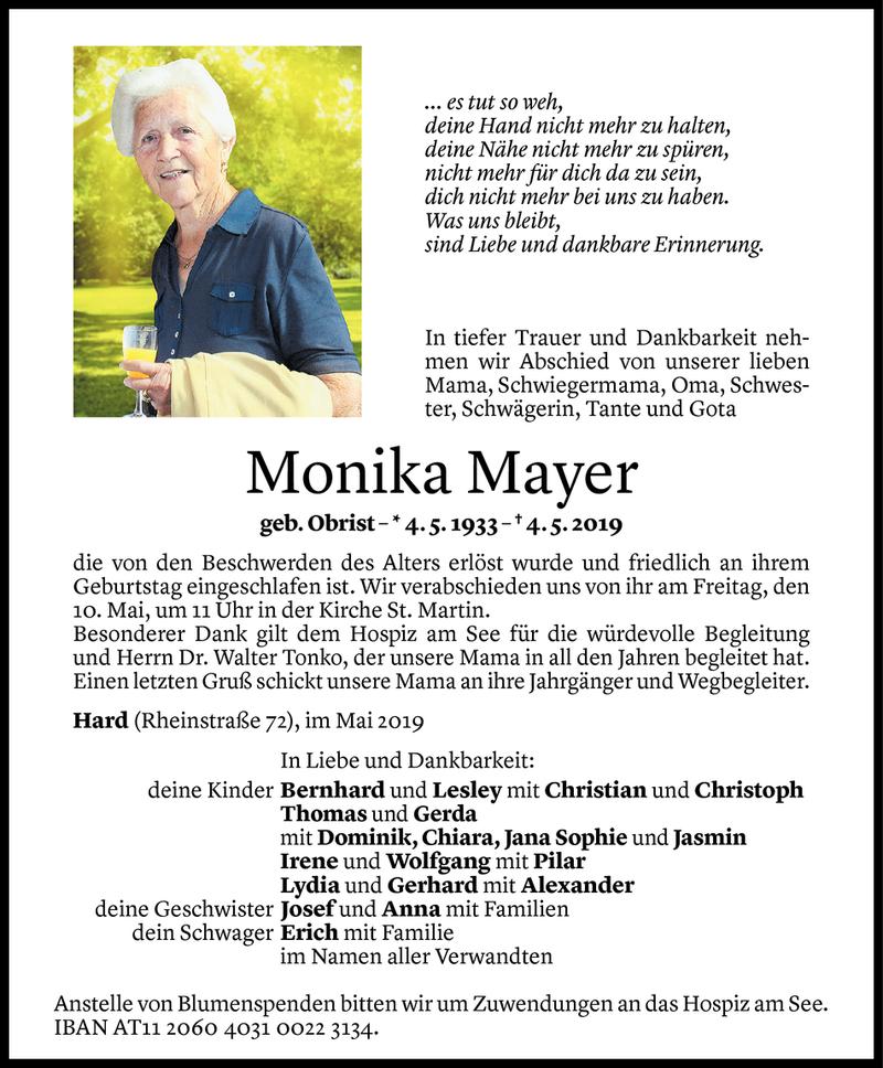  Todesanzeige für Monika Mayer vom 08.05.2019 aus Vorarlberger Nachrichten