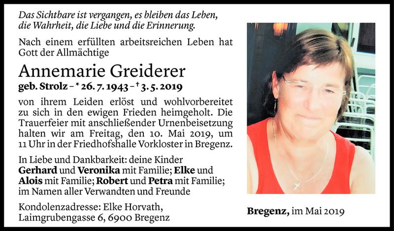 Todesanzeige für Annemarie Greiderer vom 07.05.2019 aus Vorarlberger Nachrichten