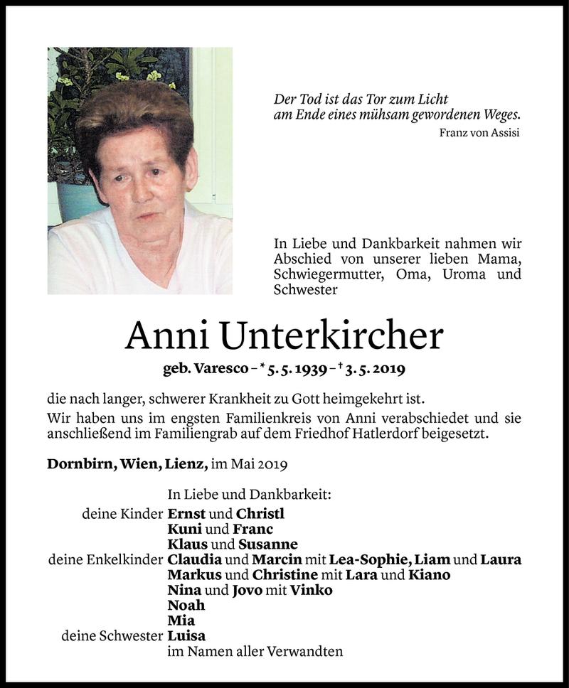  Todesanzeige für Anni Unterkircher vom 09.05.2019 aus Vorarlberger Nachrichten