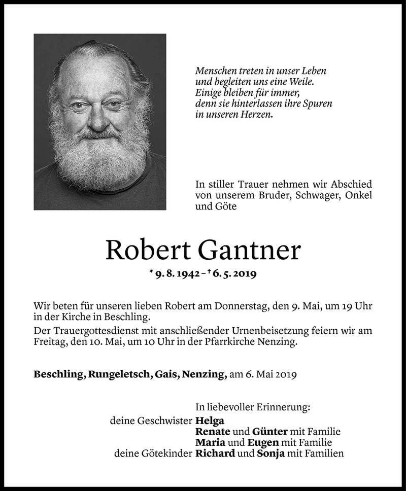  Todesanzeige für Robert Gantner vom 07.05.2019 aus Vorarlberger Nachrichten