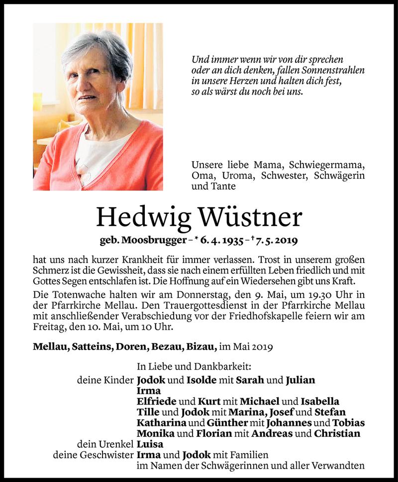  Todesanzeige für Hedwig Wüstner vom 07.05.2019 aus Vorarlberger Nachrichten