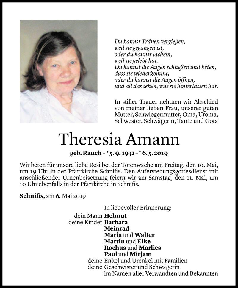  Todesanzeige für Theresia Amann vom 07.05.2019 aus Vorarlberger Nachrichten