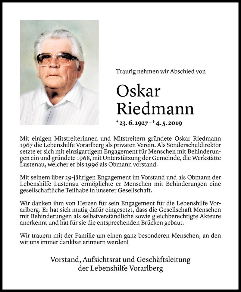  Todesanzeige für Oskar Riedmann vom 07.05.2019 aus Vorarlberger Nachrichten