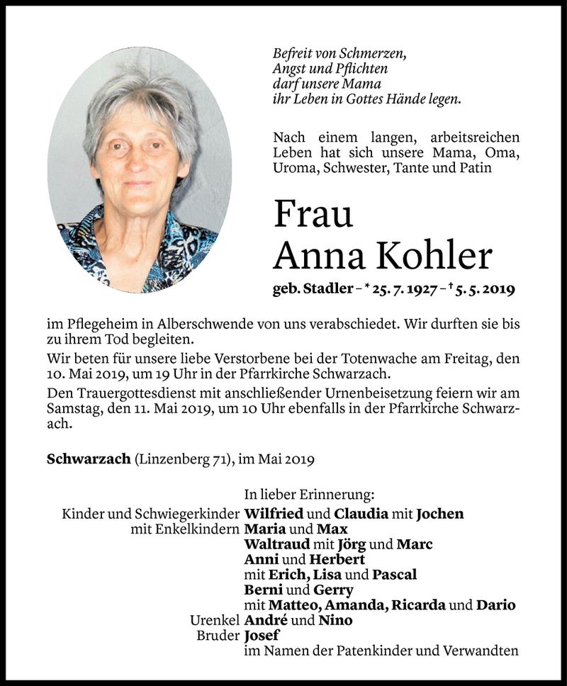  Todesanzeige für Anna Kohler vom 08.05.2019 aus Vorarlberger Nachrichten