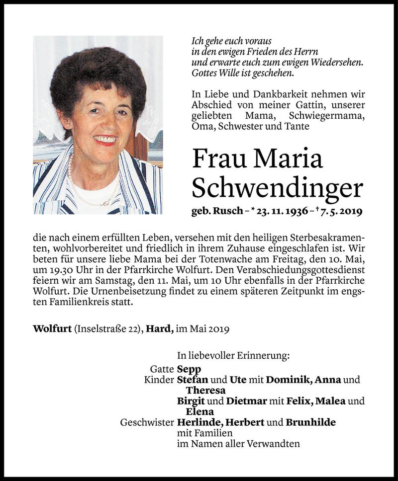  Todesanzeige für Maria Schwendinger vom 07.05.2019 aus Vorarlberger Nachrichten