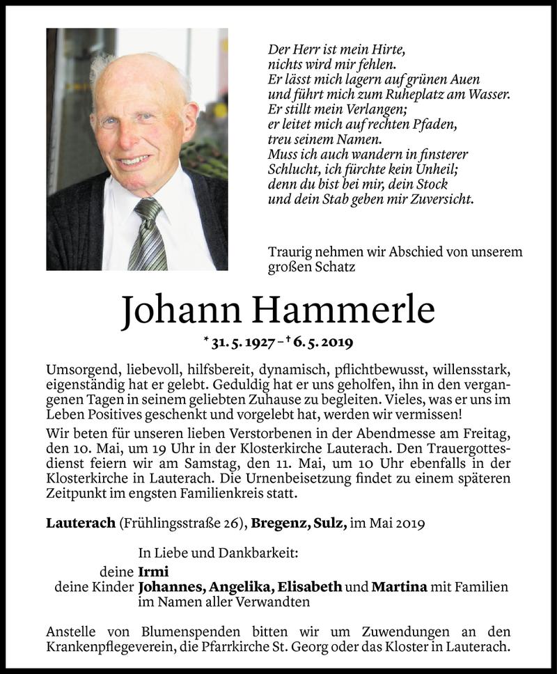  Todesanzeige für Johann Hammerle vom 08.05.2019 aus Vorarlberger Nachrichten