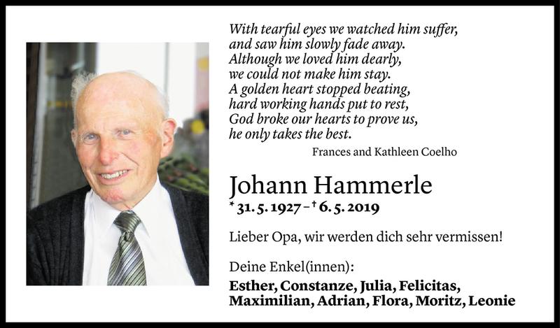  Todesanzeige für Johann Hammerle vom 08.05.2019 aus Vorarlberger Nachrichten