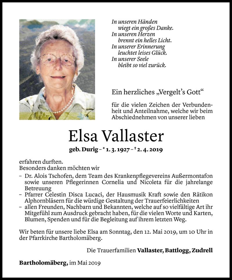  Todesanzeige für Elsa Vallaster vom 08.05.2019 aus Vorarlberger Nachrichten