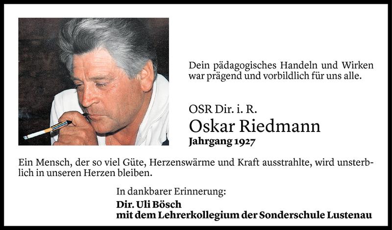  Todesanzeige für Oskar Riedmann vom 08.05.2019 aus Vorarlberger Nachrichten