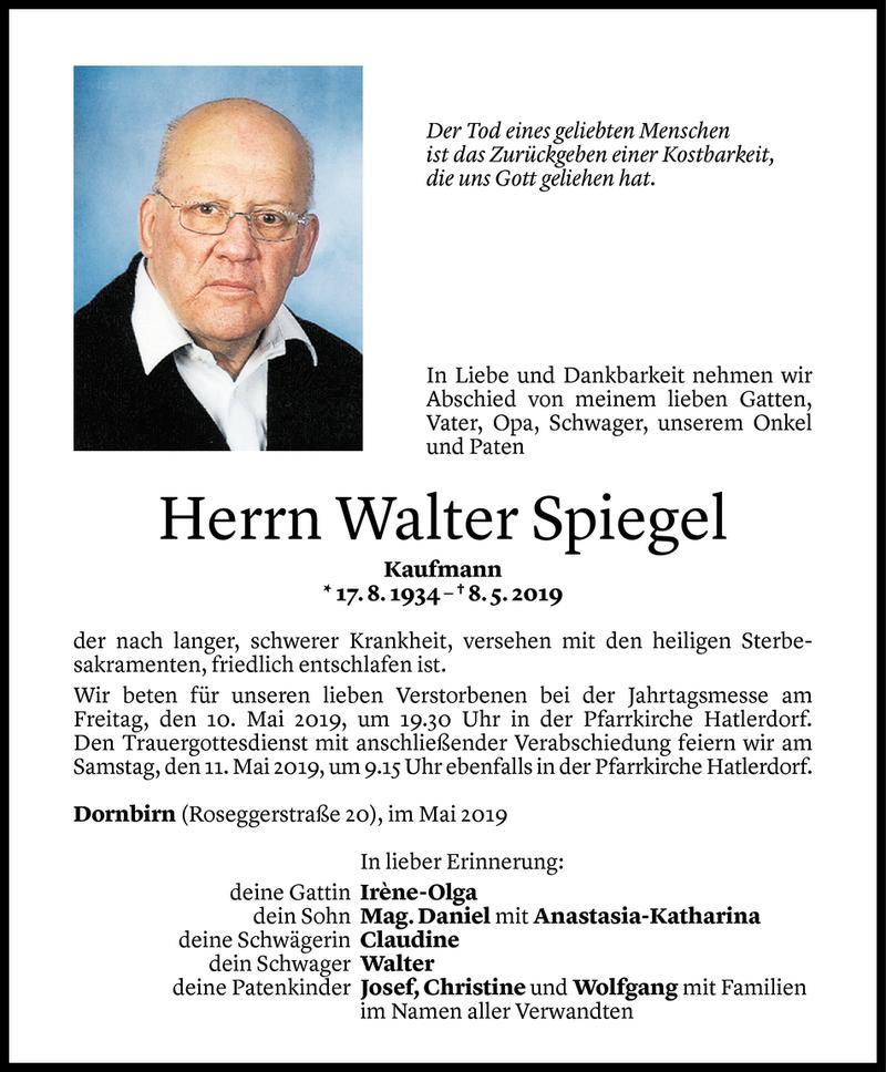  Todesanzeige für Walter Spiegel vom 08.05.2019 aus Vorarlberger Nachrichten