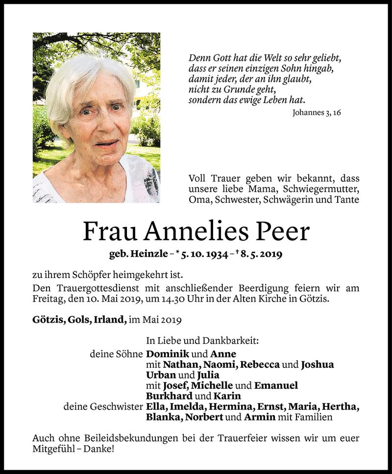  Todesanzeige für Annelies Peer vom 08.05.2019 aus Vorarlberger Nachrichten