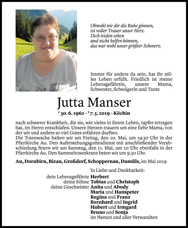  Todesanzeige für Jutta Manser vom 08.05.2019 aus Vorarlberger Nachrichten