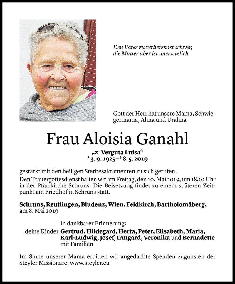  Todesanzeige für Aloisia Ganahl vom 08.05.2019 aus Vorarlberger Nachrichten