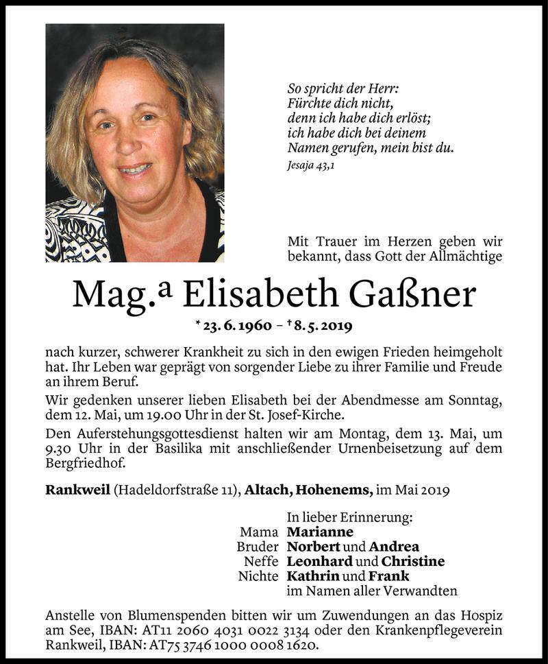  Todesanzeige für Elisabeth Gaßner vom 10.05.2019 aus Vorarlberger Nachrichten
