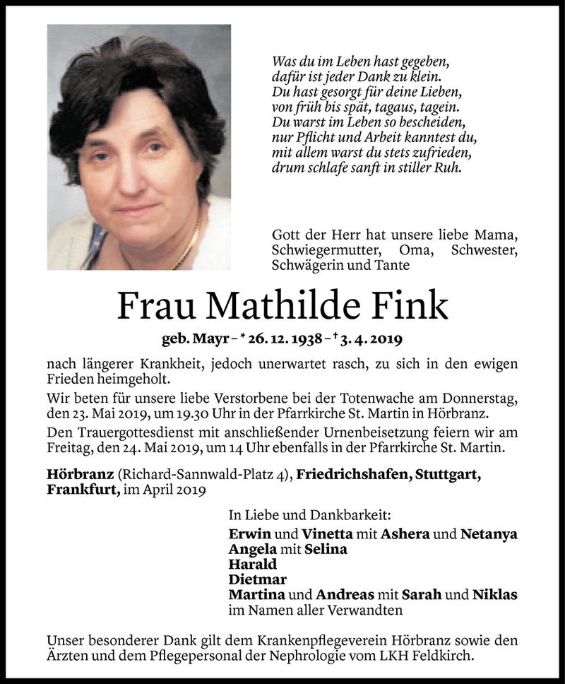  Todesanzeige für Mathilde Fink vom 20.05.2019 aus Vorarlberger Nachrichten