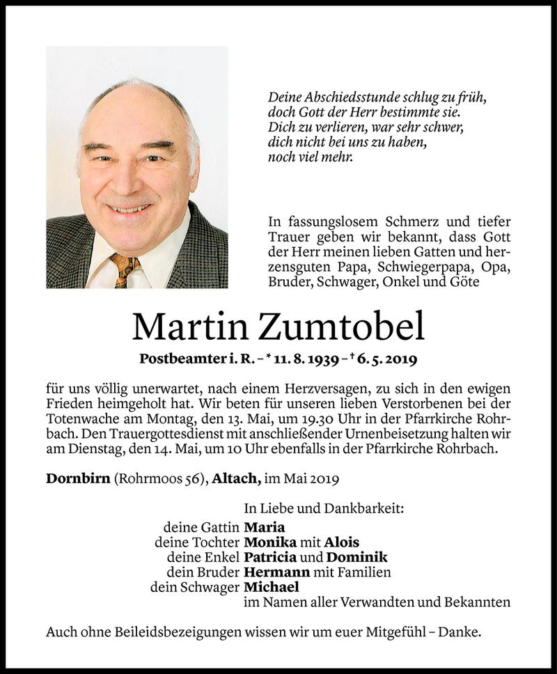  Todesanzeige für Martin Zumtobel vom 10.05.2019 aus Vorarlberger Nachrichten