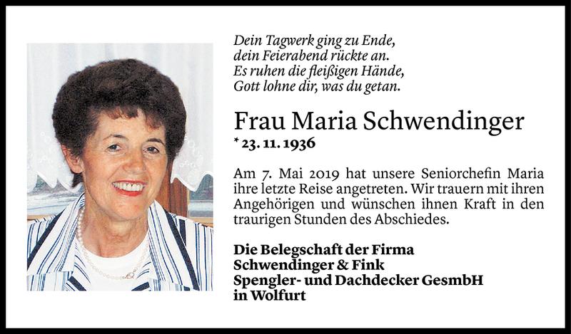  Todesanzeige für Maria Schwendinger vom 09.05.2019 aus Vorarlberger Nachrichten