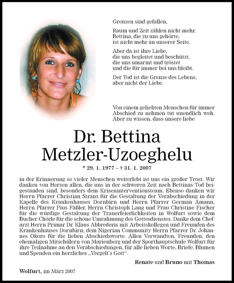  Todesanzeige für Bettina Metzler-Uzoeghelu vom 03.03.2007 aus Vorarlberger Nachrichten