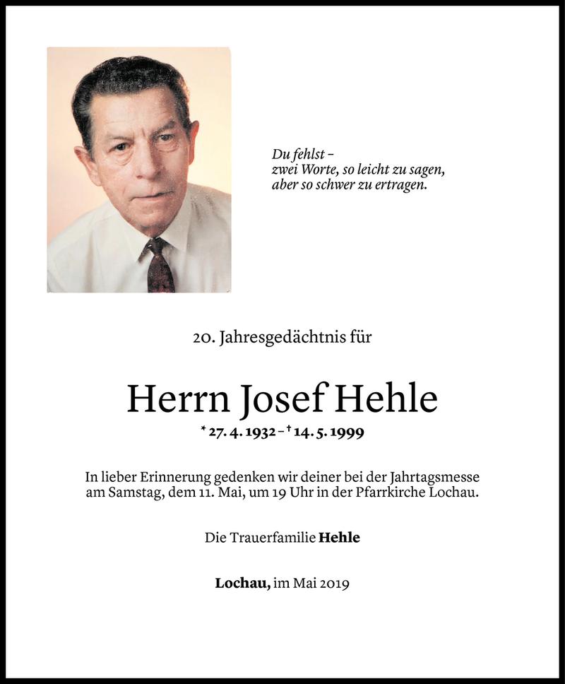  Todesanzeige für Josef (Sepp) Hehle vom 10.05.2019 aus Vorarlberger Nachrichten