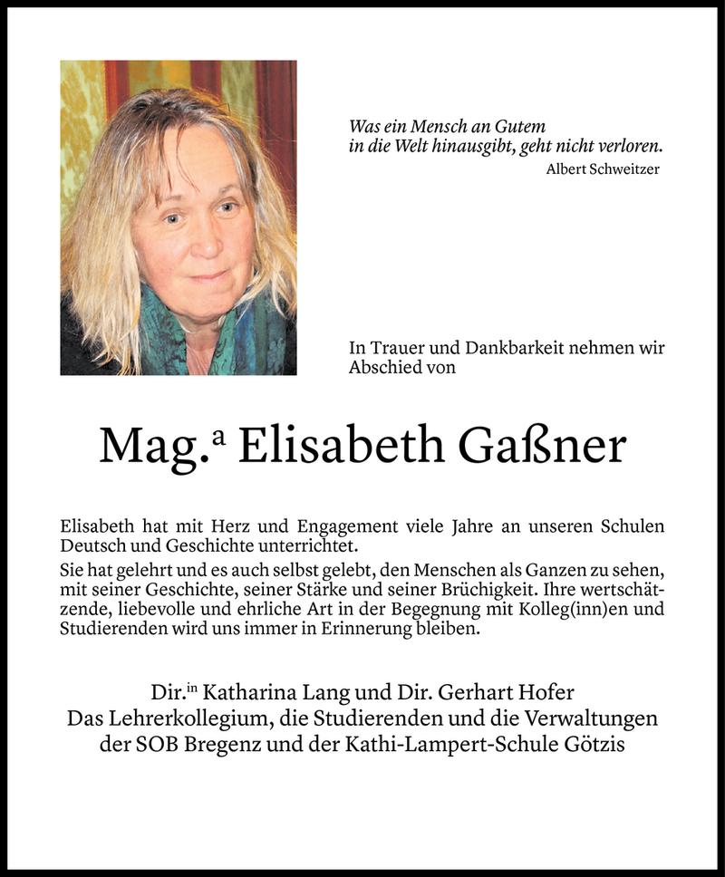  Todesanzeige für Elisabeth Gaßner vom 10.05.2019 aus Vorarlberger Nachrichten