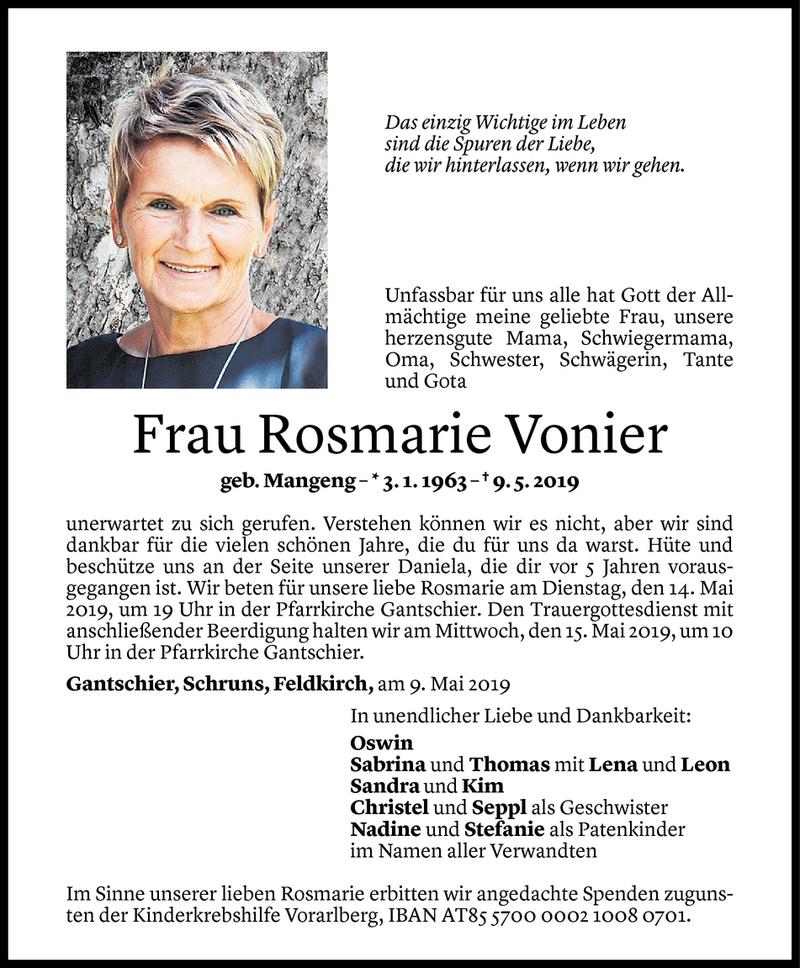  Todesanzeige für Rosmarie Vonier vom 10.05.2019 aus Vorarlberger Nachrichten