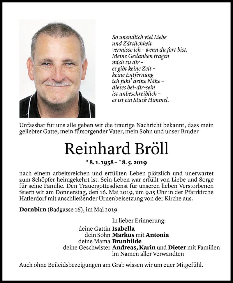  Todesanzeige für Reinhard Bröll vom 10.05.2019 aus Vorarlberger Nachrichten