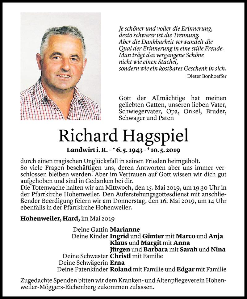  Todesanzeige für Richard Hagspiel vom 13.05.2019 aus Vorarlberger Nachrichten