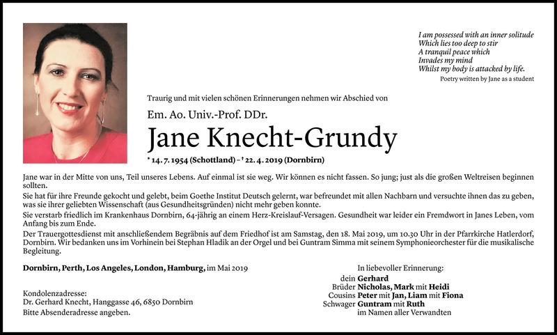  Todesanzeige für Jane Knecht-Grundy vom 14.05.2019 aus Vorarlberger Nachrichten