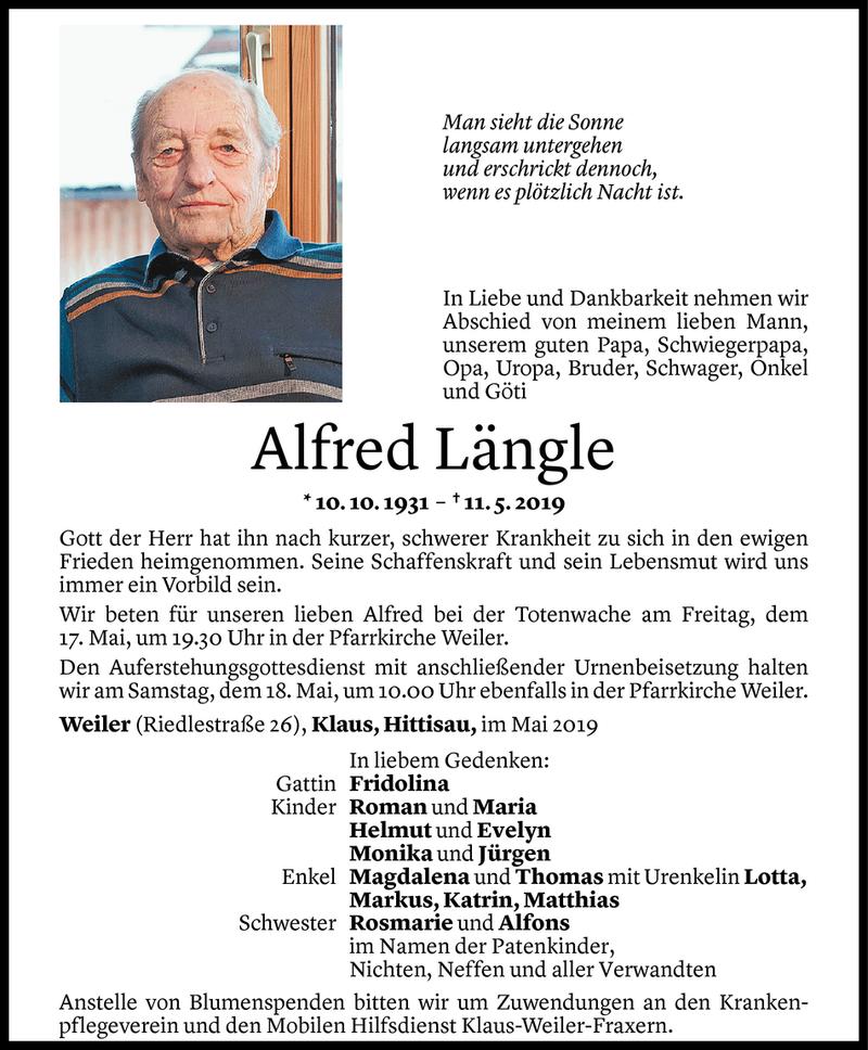  Todesanzeige für Alfred Längle vom 15.05.2019 aus Vorarlberger Nachrichten